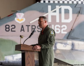 Lt. Col. Ronald “Elvis” King, 82d Aerial Target Squadron, Det 1 commander addresses the crowd at the QF-4 retirement ceremony