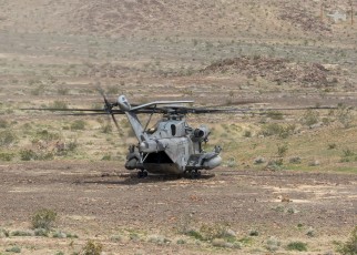 CH-53E from the VMM-161 Greyhawks of MCAS Miramar readies for lift-off after Marines from the 15th Marine Expeditionary Unit (MEU) disembark. The 15th MEUs live fire, Realistic Urban Training (RUT) is underway at MCAGCC Twentynine Palms, CA.