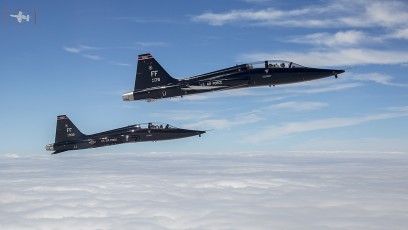 Breaking free of the clouds and climbing to altitude with Vodka 1 & 2. T-38As of Langley Adversaries, 71st FTS  "Ironmen" during Atlantic Trident '17 range bound.  Flying out of Joint Base Langley-Eustis.