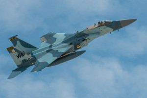 A McDonnell Douglas F-15C Eagle from the 65th Aggressor Squadron departs Nellis AFB during Red Flag 14-3