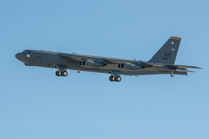 A Boeing B-52H Stratofortress arrives at Nellis AFB to be displayed at Aviation Nation 2014