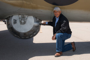 Carlos Salas near the ball turret on a B-17 