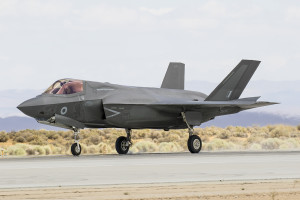 RAF F-35B rolling it out after short landing roll at Edwards AFB.