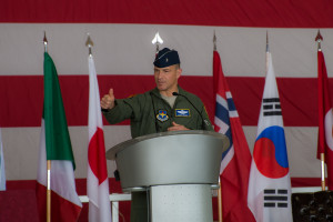 Brigadier General Scott L. Pleus addresses the crowd at the Change of Mission Ceremony