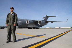 1st Lieutenant Stephen Ching with a Boeing C-17 Globemaster III
