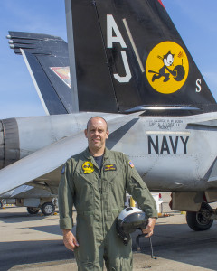 CDR Robert Bibeau in front of VFA-31 Tomcatter F/A-18E with Felix.