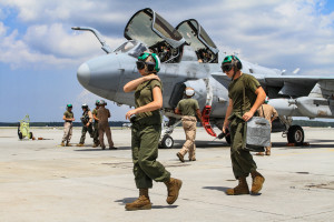The ground crew and pilots of VMAQ-3 prepare for flight at MCAS Cherry Point