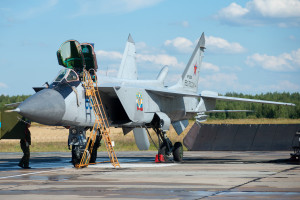 The ground crew prepares a Mikoyan Gurevich MiG-31BM for flight at Savasleyka Air Base, Russia