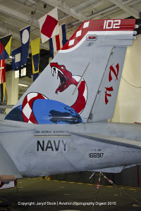 The tail art of a U.S. Navy Boeing F/A-18F Super Hornet from Strike Fighter Squadron 102 (VFA-102) "Diamondbacks"