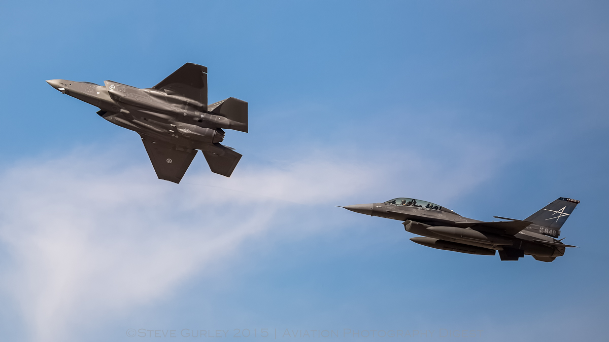 Royal Norwegian Air Force (RNoAF) F-35A AM-1 (13-5087) followed by a Lockheed Martin F-16 "chase bird" over Naval Air Station Fort Worth Joint Reserve Base in Fort Worth, Texas - Photo by Steve Gurley