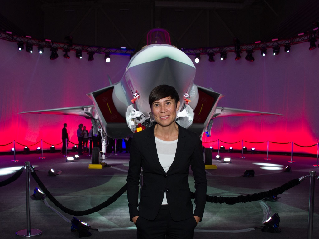 Norwegian Minister of Defence, Her Excellency Ine Eriksen Søreide, with the Norwegian Armed Force's first F-35A Lightning II, known as AM-1, at the Lockheed Martin F-35 production facility in Fort Worth, Texas. The rollout marks an important production milestone for the F-35 program and the future of Norway’s national defense. Lockheed Martin photo 