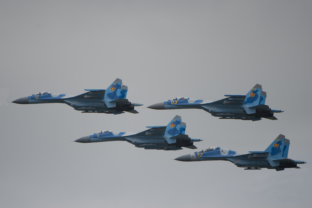 A four ship of Sukhoi Su-27 "Flankers"