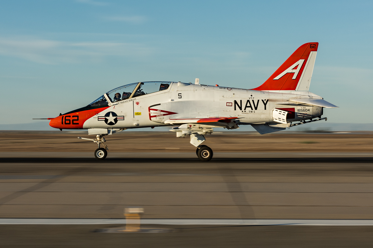 A McDonnell Douglas T-45C Goshawk from U.S. Navy Training Squadron SEVEN (VT-7) "Eagles" departs NAF El Centro in the late afternoon. 