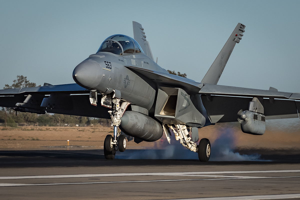 A Boeing EA-18G Growler from Electronic Attack Squadron One Two Nine (VAQ-129) "Vikings" touches down.