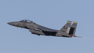 F-15E of the 336th FS "Rocketeers" launches from JBLE during the TriLateral Exercise