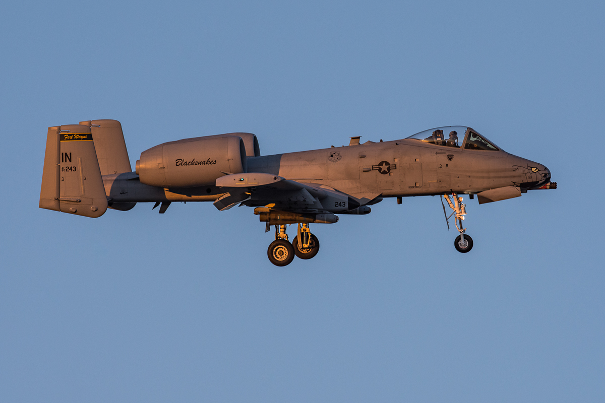 An A-10 from the 163d Fighter Squadron (163d FS) "Blacksnakes" arrives back to Davis-Monthan AFB at sunset