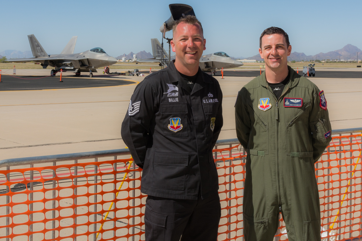 F-22 Demo Team Maintenance Team Chief TSgt Jonathan Billie (left) and F-22 Demo Pilot and Team Commander Maj Daniel "FFits" Dickinson (right)