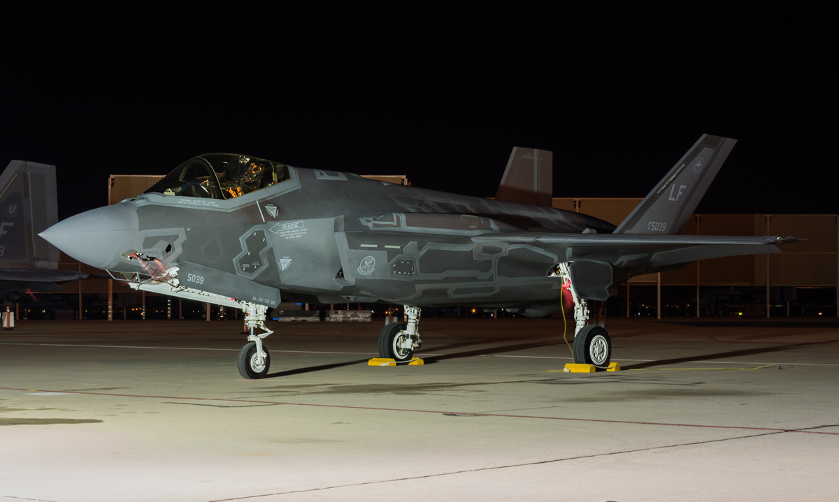 The Lockheed Martin F-35A Lightning II JSF sits on the ramp at Davis-Monthan AFB shortly before sunrise