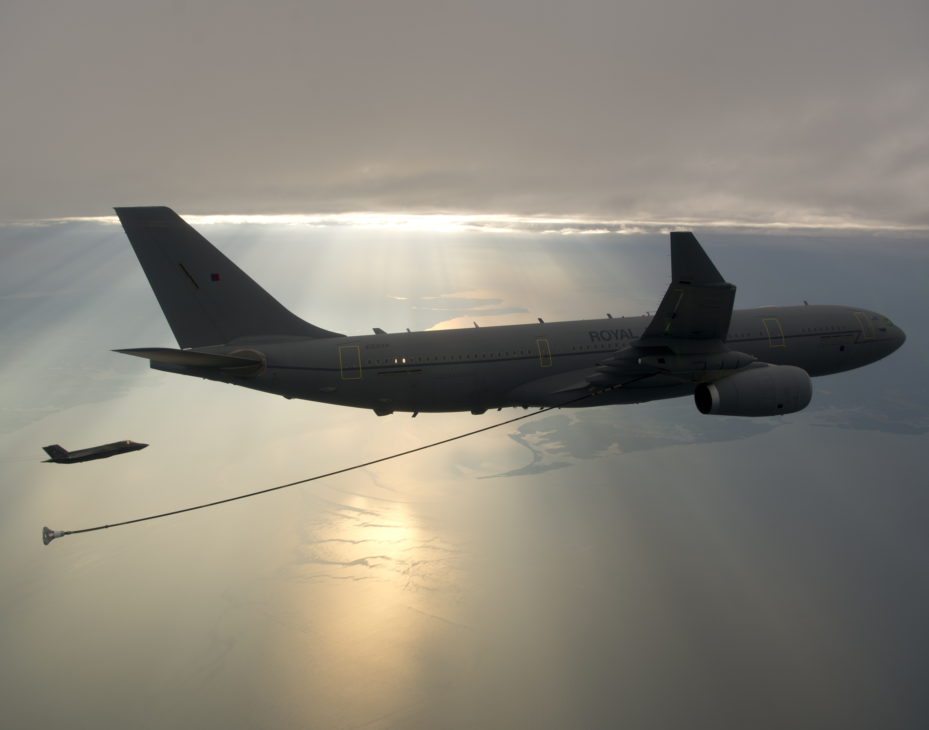 BF-04 FLT366| A Royal Air Force (RAF) A330 tanker refuels an F-35B Lightning II piloted by Cmdr. Ted "Dutch" Dyckman in the offshore test track near Naval Air Station Patuxent River on May 9. (Lockheed Martin photo by Andy Wolfe/Released.) 