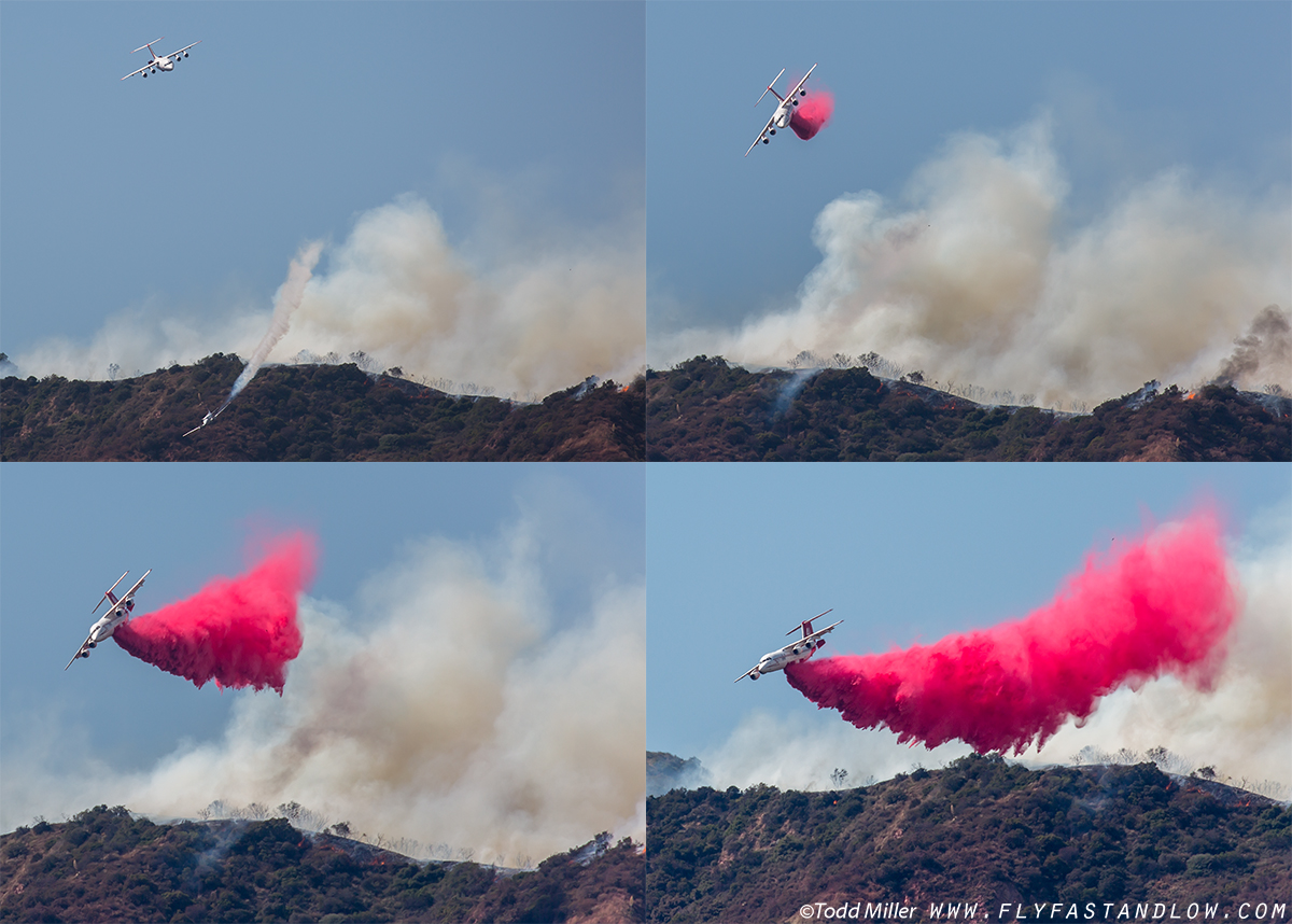 BAE-146 Follows bird dog and makes Fire Retardant drop on the Azusa Fire on the hills North of Los Angeles June 20, 2016