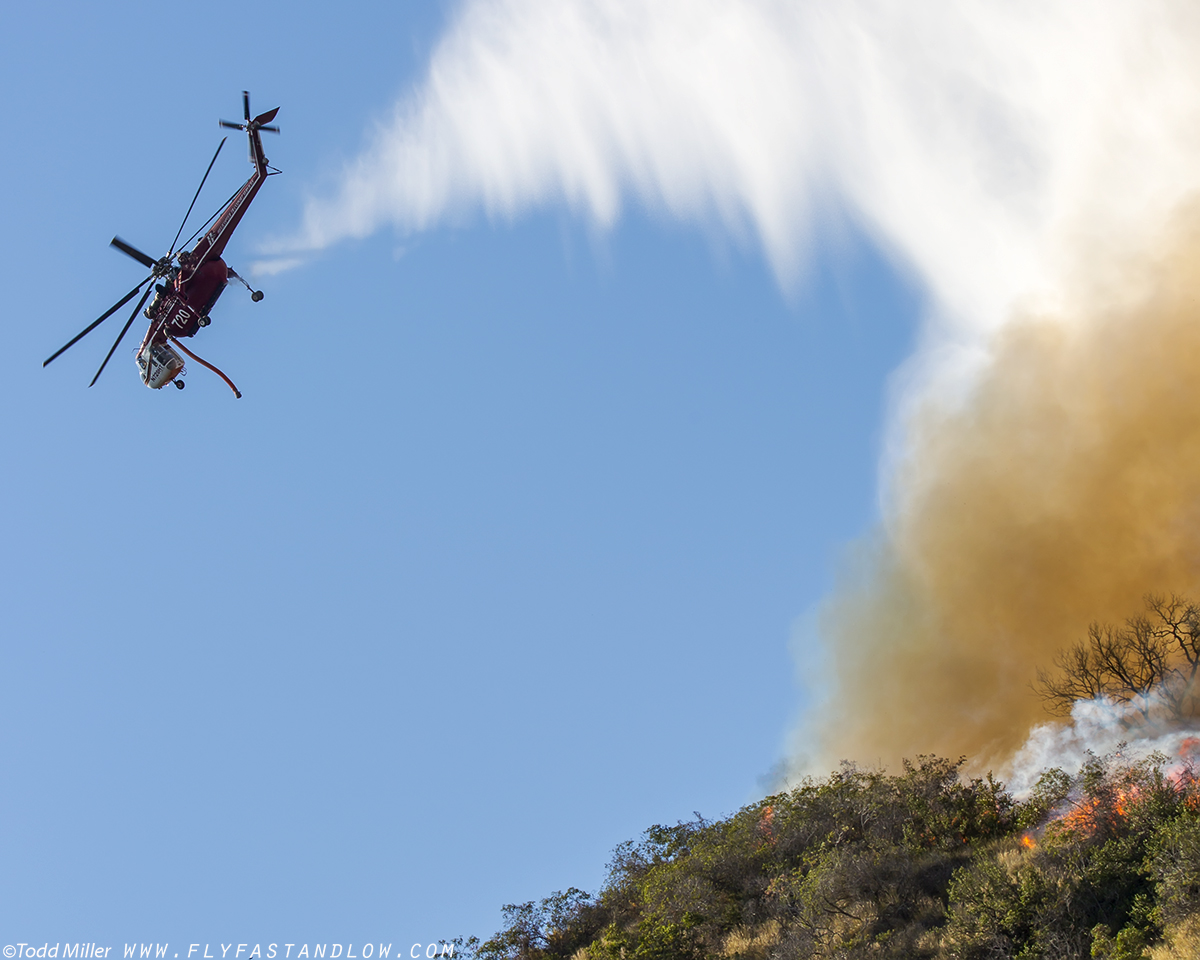 Sikorsky CH-54B makes water drop on the Azusa Fire on the hills North of Los Angeles June 20, 2016