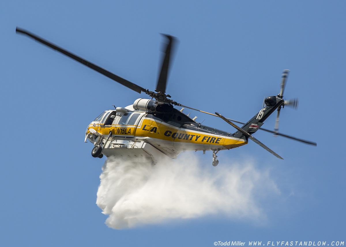 Sikorsky S-70A Firehawk making water drop on the Azusa Fire on the hills North of Los Angeles June 20, 2016