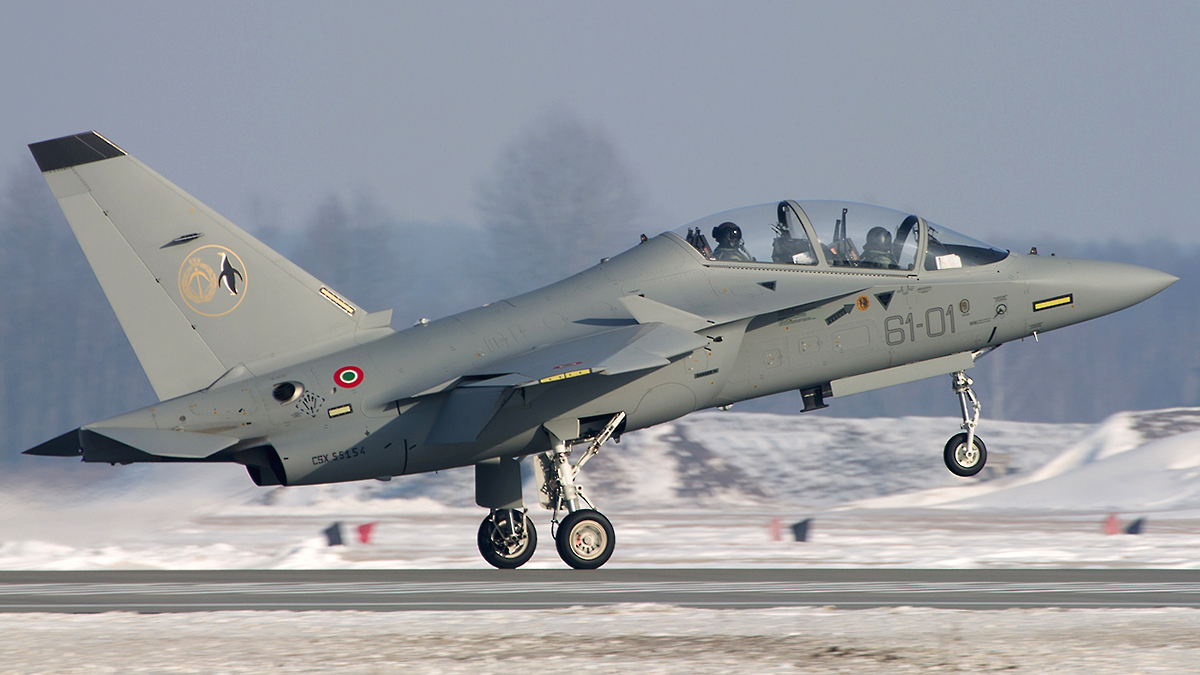 T-346 A/Italian Air Force during tests in Dęblin/3.02.2014. This aircraft will be new jet trainer for Polish Air Force.